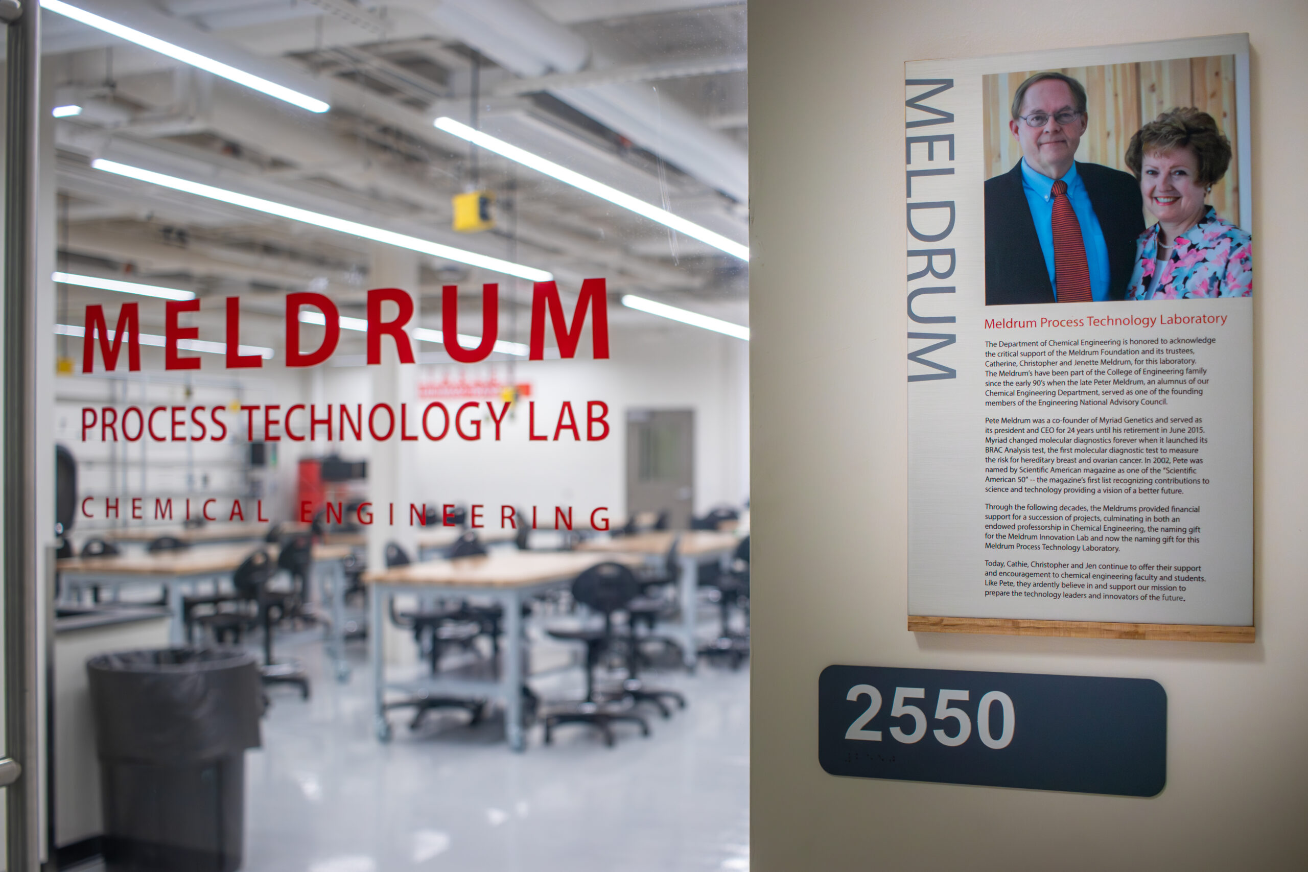 Looking through the glass door of the Meldrum Process Lab