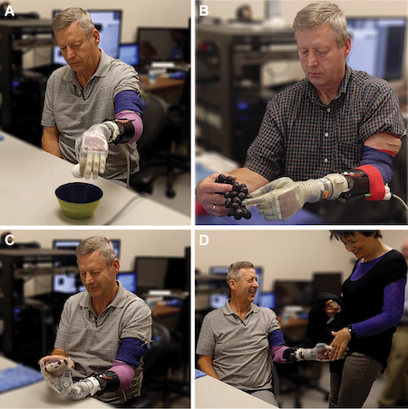 Four images of a man touching various things with a prosthetic hand